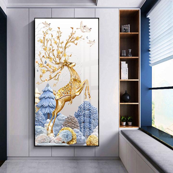 【玄关画】 金鹿呈祥 装饰画铝合金边框晶瓷画走廊过道玄关墙挂画