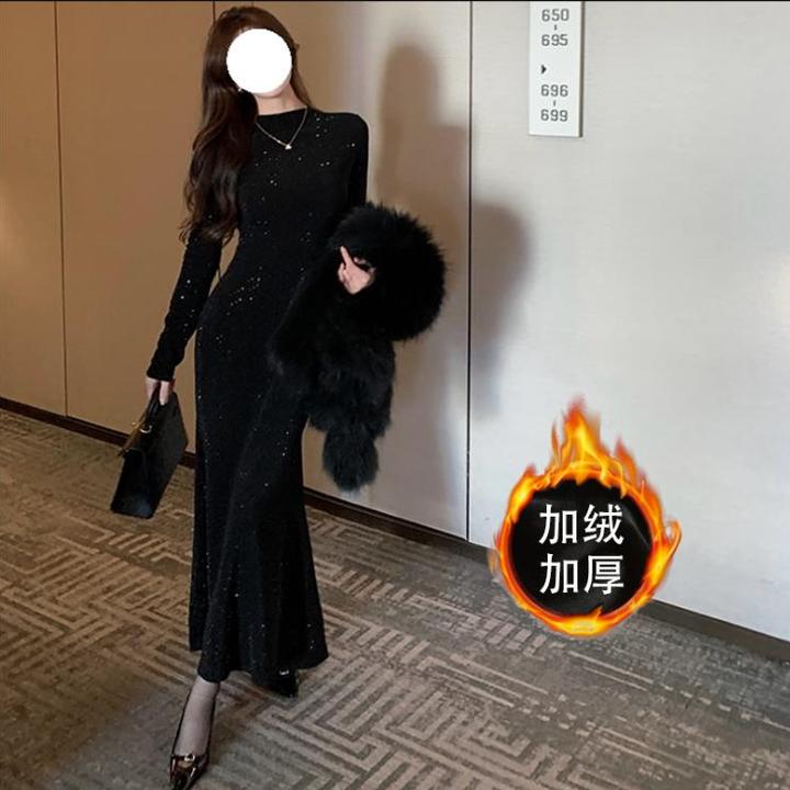 [加绒]黑色重工亮钻法式性感包臀鱼尾连衣裙女高级气质打底长款