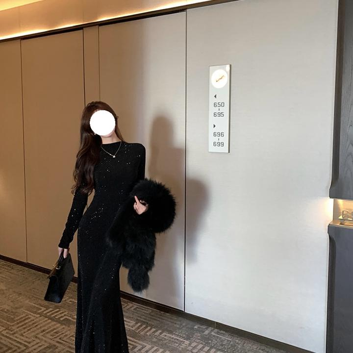 黑色重工亮钻法式性感包臀鱼尾连衣裙女春季高级气质打底长款