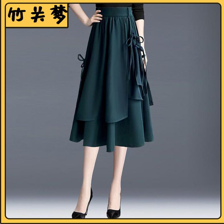 I春秋半身裙女百褶a字裙2024新款高腰墨绿色包臀不对称通勤中长l