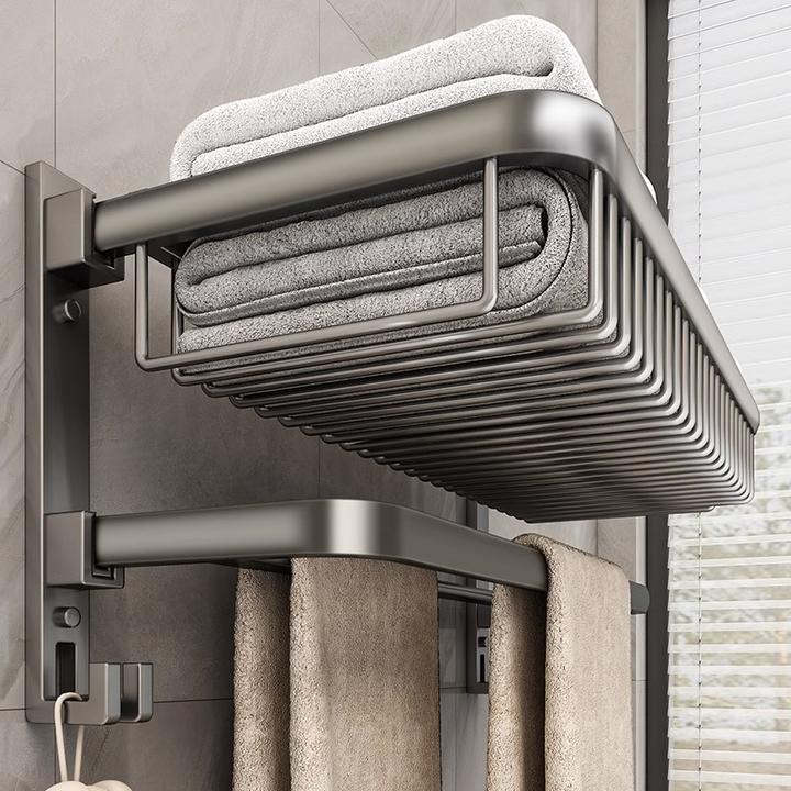 浴室厕所毛巾架卫生间免打孔置物架网篮收纳洗手间太空铝浴巾架子