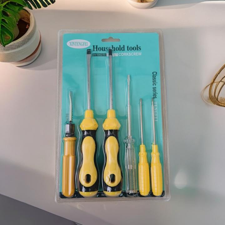 【超值热卖】一字十字螺丝刀+测电笔6件套家用维修手动组合工具套装