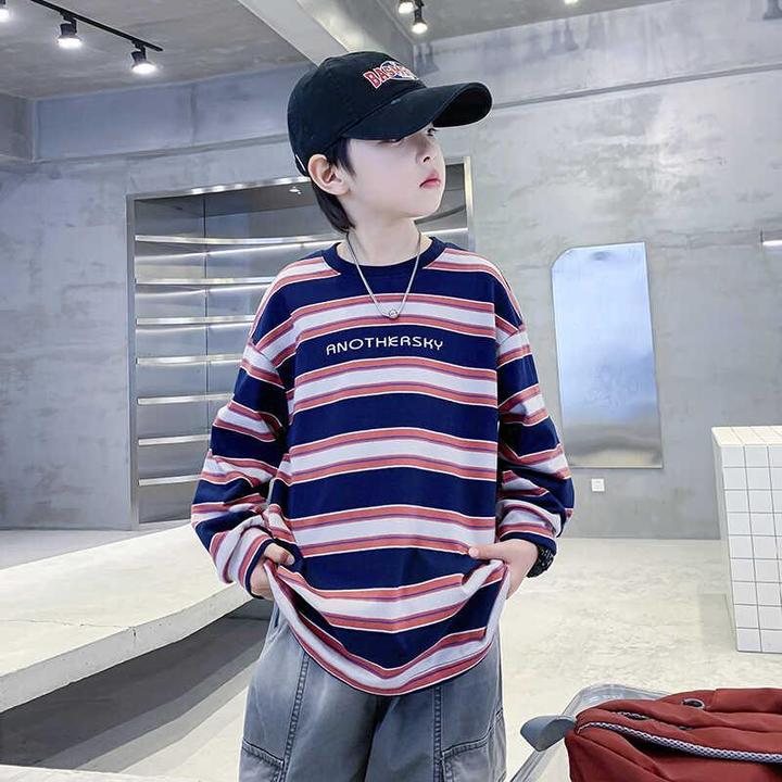 男童条纹卫衣春秋款2024新款潮牌儿童秋装衣服纯棉中大童上衣秋季