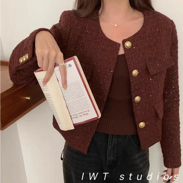 秋冬韩版小香风外套气质短款时尚休闲百搭复古法式粗花呢长袖洋气