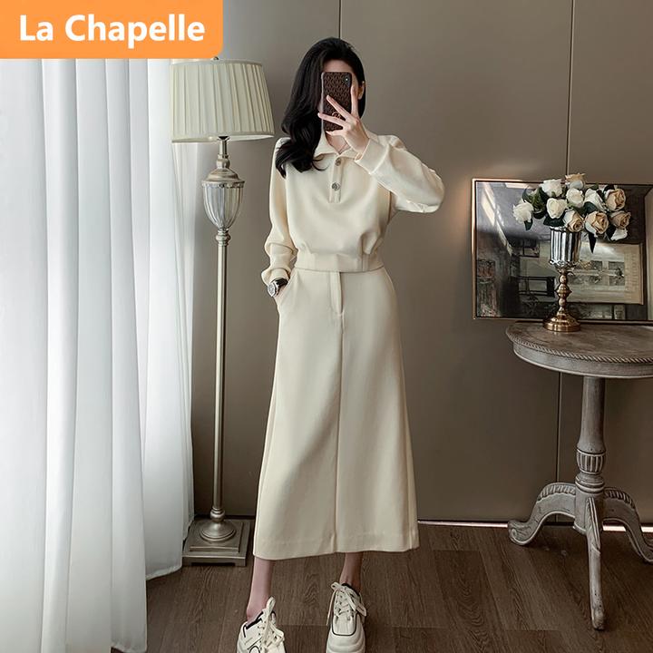 拉夏贝尔韩版简约通勤时尚套装女秋季2024新款显瘦卫衣开叉半身裙