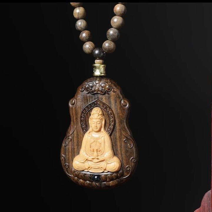 达拉甘香木镶嵌檀香木雕刻观音菩萨佛像文玩实木脖挂装饰品车挂件
