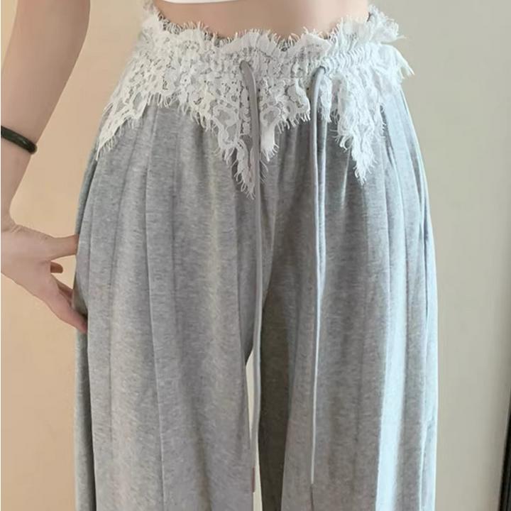 甜辣风灰色直筒裤卫裤夏季蕾丝拼接高腰休闲裤复古拖地阔腿裤女裤