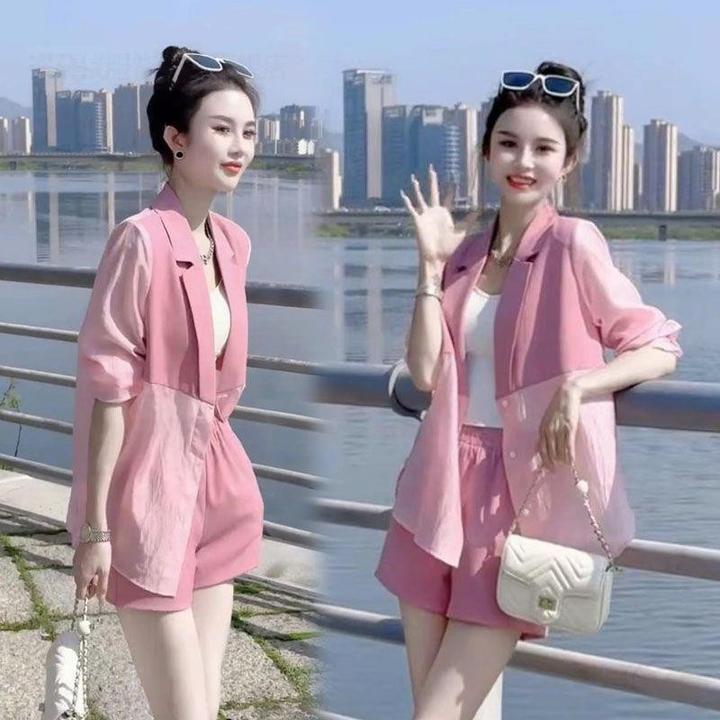 2024新款韩版时尚套装女夏西装领防晒西服外套气质显瘦短裤两件套
