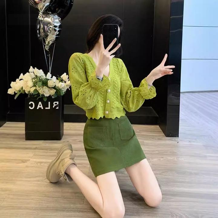 韩版2024秋季新款小香风针织开衫上衣女外套洋气牛仔裙两件套女潮