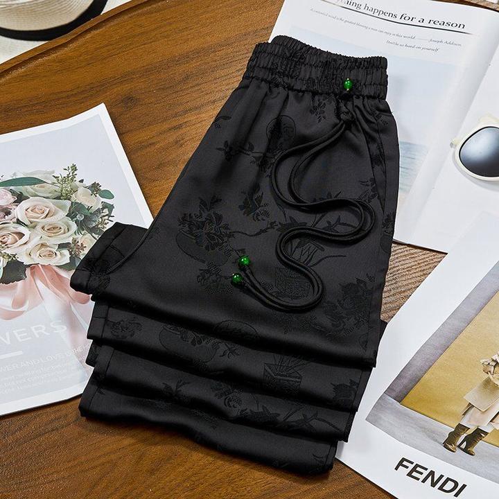 新中式提花黑色醋酸阔腿裤女夏季薄款国风高奢高腰垂感直筒休闲裤