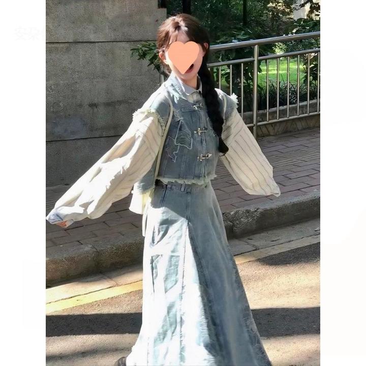 新中式女装2024春款国风时尚牛仔套装小个子马甲半身裙穿搭一整套