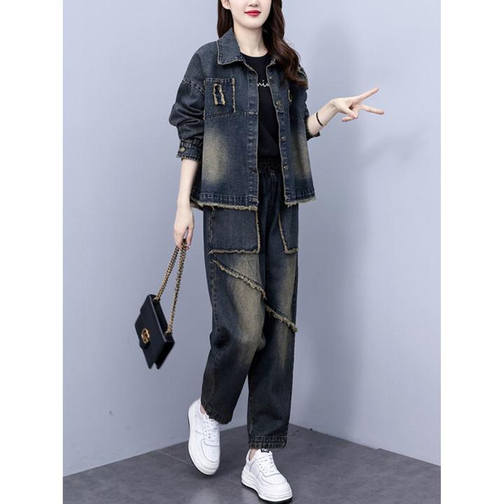 时尚复古牛仔两件套春秋季气质新款洋气女士显瘦减龄宽松长袖套装