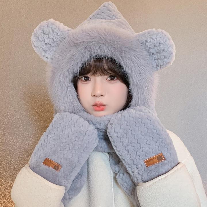 【水波纹小熊三件套】小熊帽子围巾一体女防寒围脖保暖护耳可爱毛绒
