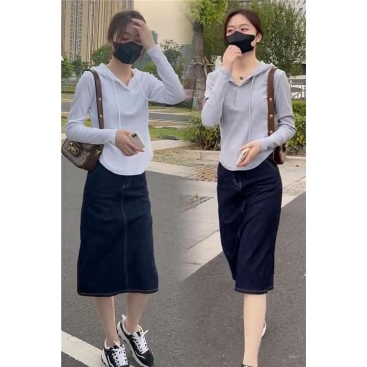 裙子百搭套装长袖连帽卫衣女薄款春秋款2024新款感黑色显瘦外套上