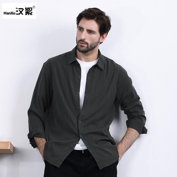 汉絮时尚复古男士衬衫秋季怀旧水洗宽松长袖上衣纯色百搭打底衬衣