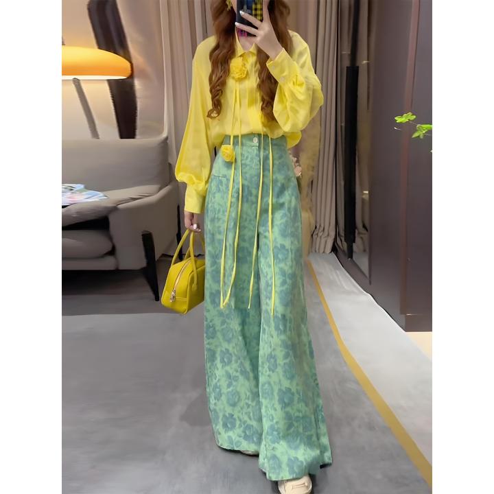 夏装搭配一整套2024新款轻熟立体花朵宽松衬衫印花阔腿裤两件套装