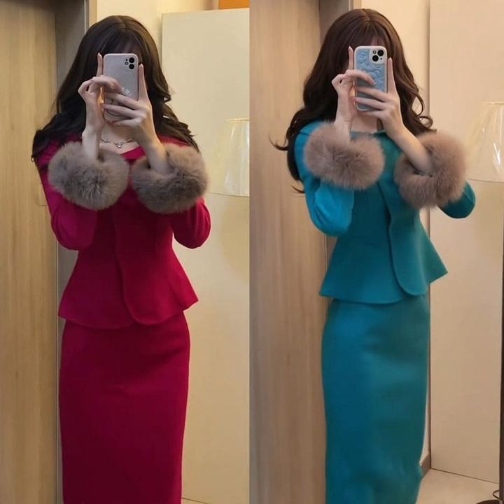 秋冬时尚新款春节穿搭套装可爱时髦毛毛袖外套高腰半身裙两件套女