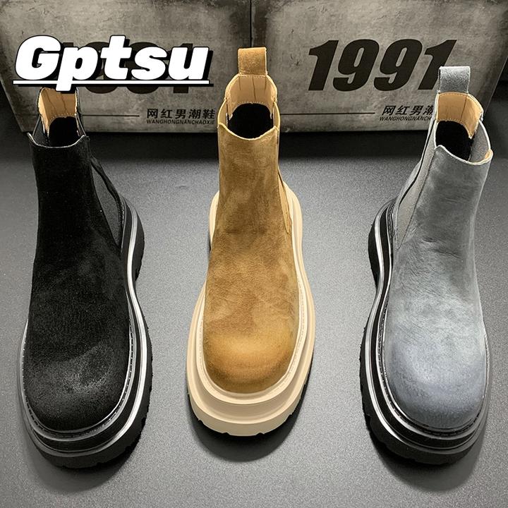 GPTSu男鞋秋季一脚蹬烟筒靴高帮英伦新款马丁靴厚底中帮休闲男靴