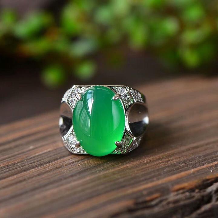 保真绿玛瑙玉髓霸气男士玉戒指开口戒真玉石食指戒豪华镶嵌男扳指