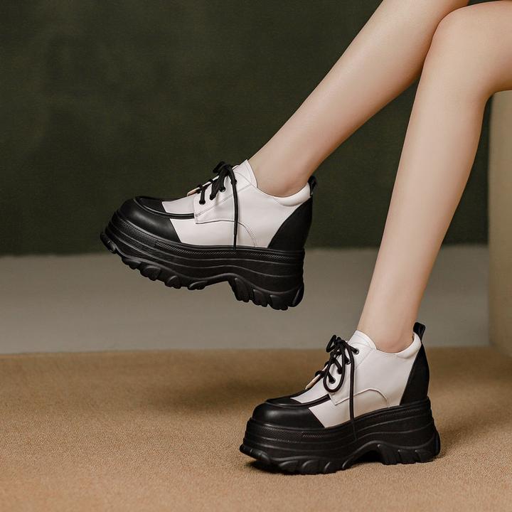 10cm小个子休闲秋冬高跟厚底鞋全皮白色松糕底内增高女鞋真皮品质