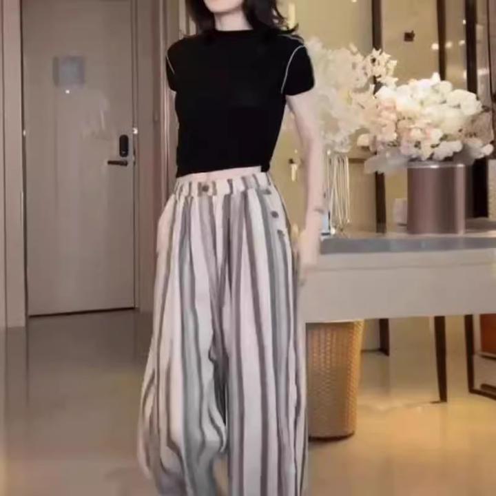 新款休闲百搭圆领修身短袖T恤休闲条纹阔腿裤女装2038