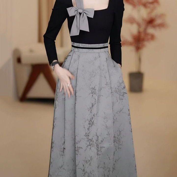 感时尚拼接假两件连衣裙2024春装新款蝴蝶结收腰修身显瘦长裙淑女
