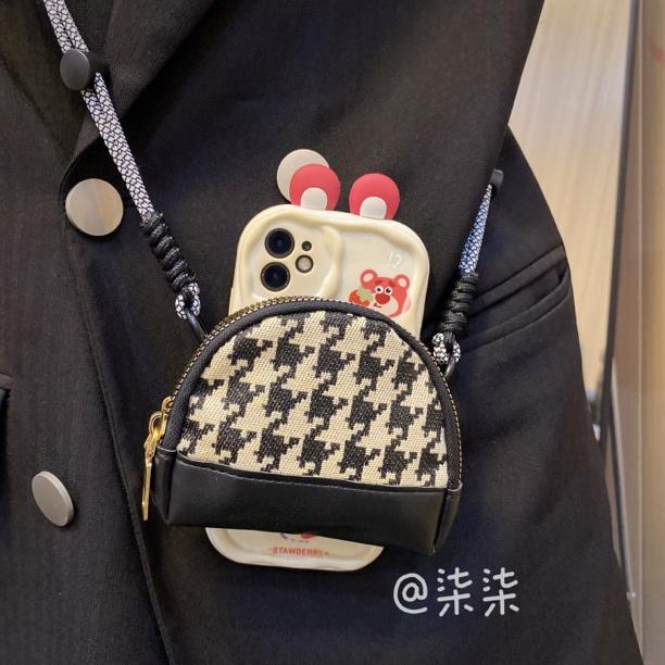 【钱包款背夹-不带壳】千鸟格气质手机背夹斜挎链手机型号通用