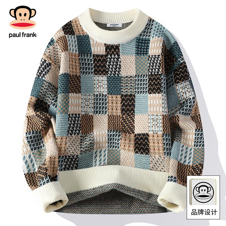 PaulFrank/大嘴猴格子拼色毛衣男士秋冬季加厚保暖休闲针织衫外套