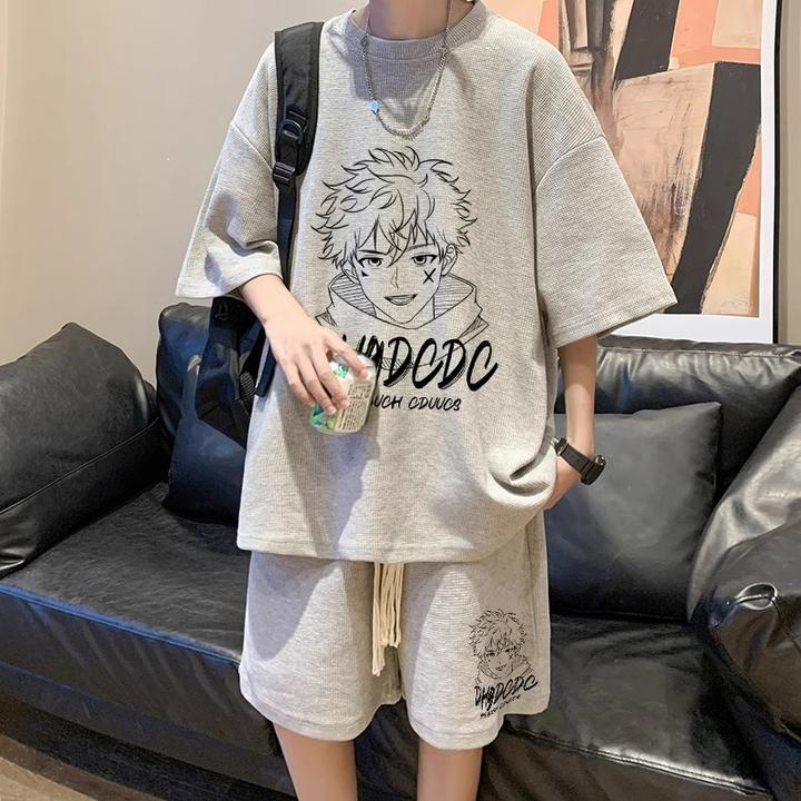 潮牌华夫格休闲运动套装男夏季冰丝短袖t恤五分短裤轻奢痞帅男装