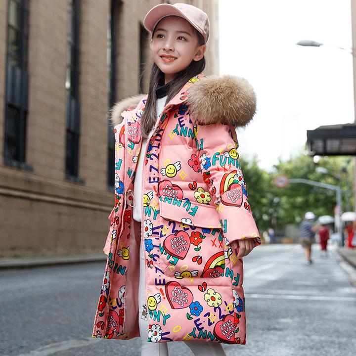 巴拉巴拉恩2024新款女童羽绒服中长款女孩中大童印花涂鸦羽绒服冬