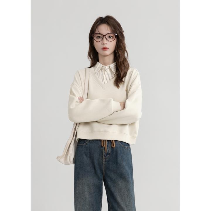 短款假两件POLO领卫衣女春秋2025新款拼接条纹衬衫小个子套头上衣