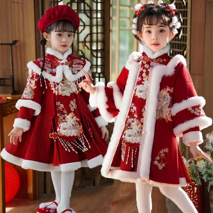 拜年服女童冬季儿童汉服古装连衣裙中国风加厚唐装红色宝宝新年装