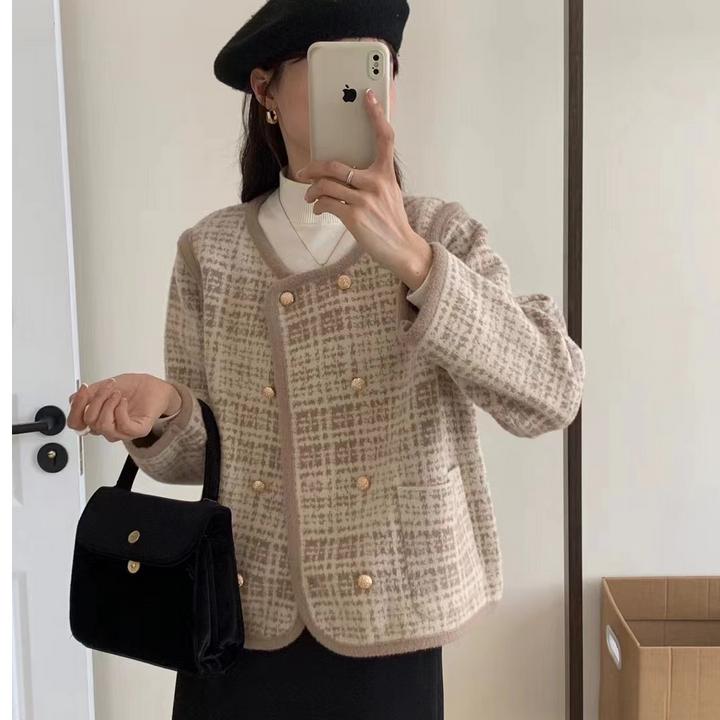 双排扣格纹小香风外套女秋冬新款复古宽松小个子开衫上衣加厚百搭