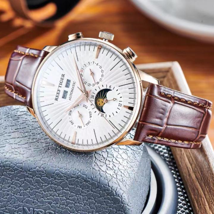 REEF TIGER/瑞夫泰格超薄机械表男士腕表万年历月相传承经典潮流