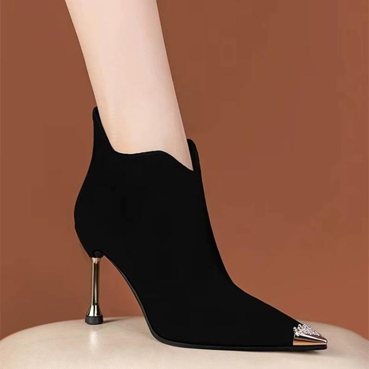 时尚铁头细跟短靴女2025秋冬新款尖头高跟鞋加绒马丁靴黑色显瘦靴