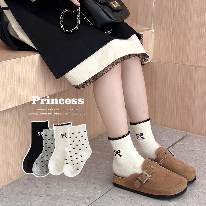 女童袜子春秋精梳棉儿童短袜韩版蝴蝶结花边袜秋季女孩宝宝中筒袜