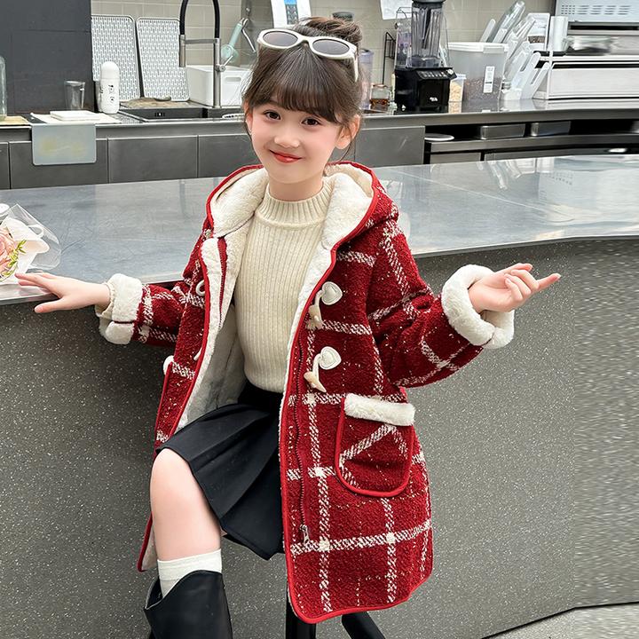 女童加绒外套秋冬2024新款加厚儿童冬季女孩呢子衣中大童上衣洋气