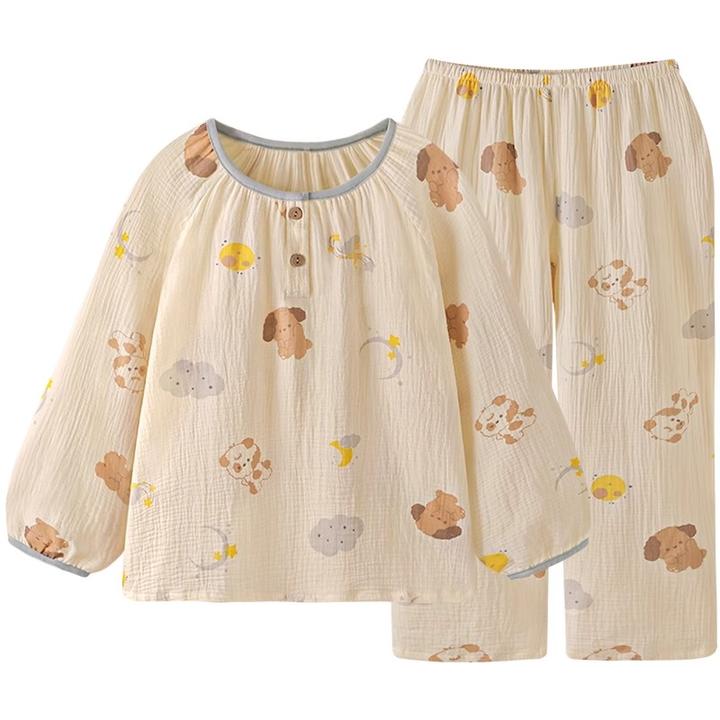 纯棉100%女士双层春秋透气柔软纱布婴儿棉秋季卡通套装家居服棉纱