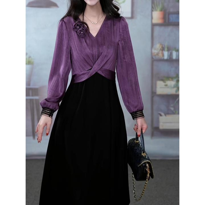 气质拼色连衣裙女2024早秋新款高端修身显瘦长袖拼接轻奢中长裙子