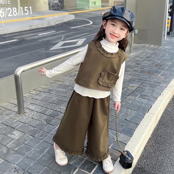 女童套装洋气韩版儿童马甲阔腿裤三件套小女孩宝宝春秋装2024新款