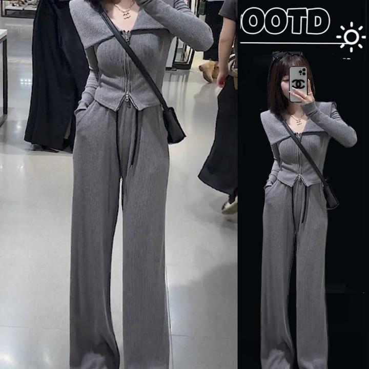 欧货时尚运动风套装女春秋设计感别致翻领外套高腰阔腿长裤两件套