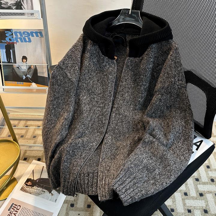 cleanfit撞色连帽毛衣男秋冬季慵懒复古极简穿搭休闲宽松针织外套