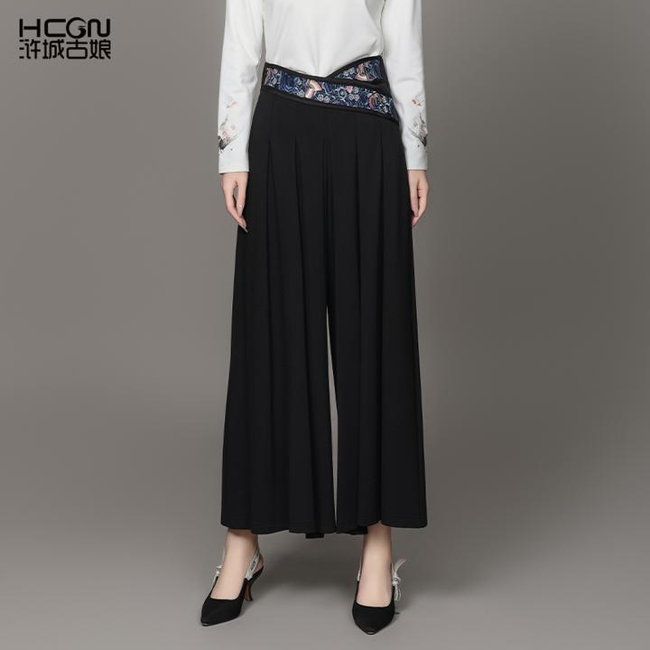 浒城古娘中式国风日常休闲百搭时尚气质简约花蝶罗马裙裤-20C1938