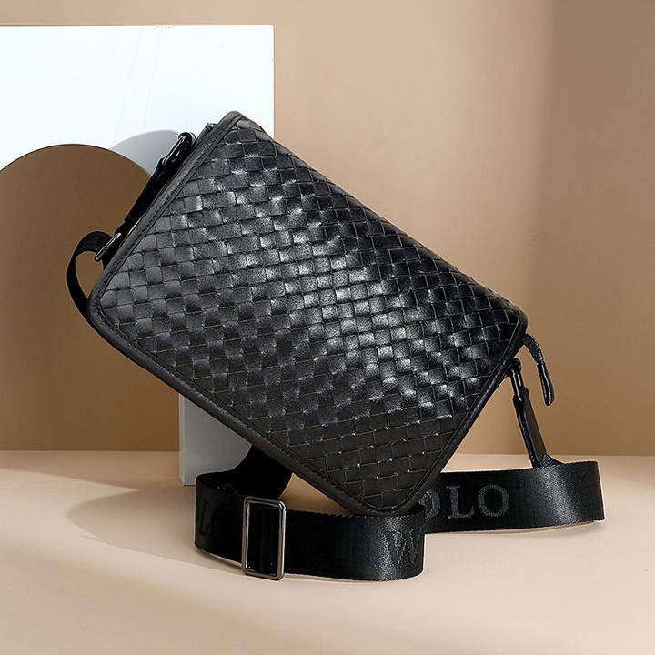 英皇保罗正品真皮斜挎包男士包包时尚编织格子单肩包通勤大容量包