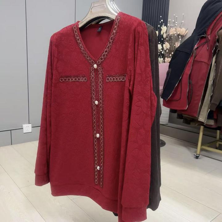 2989新年款时尚气质V领百搭烫钻提花秋冬小衫女士