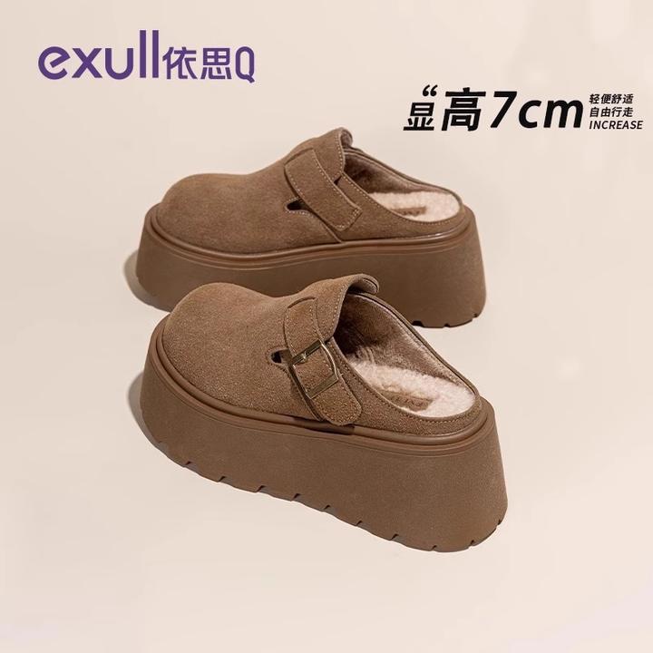 依思q厚底勃肯鞋女包头2025秋季新增高复古毛毛半拖外穿棉拖单鞋