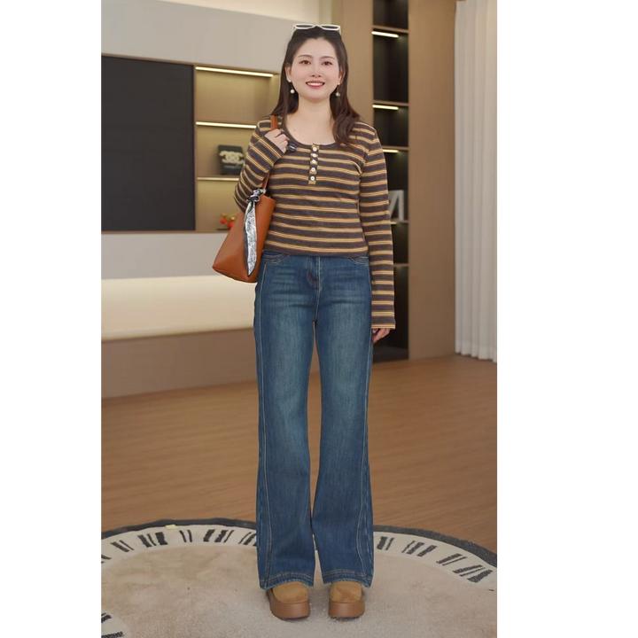 牛奶绒加绒加厚-芳芳微胖定制高腰秋冬牛仔女显瘦直筒喇叭裤F3088