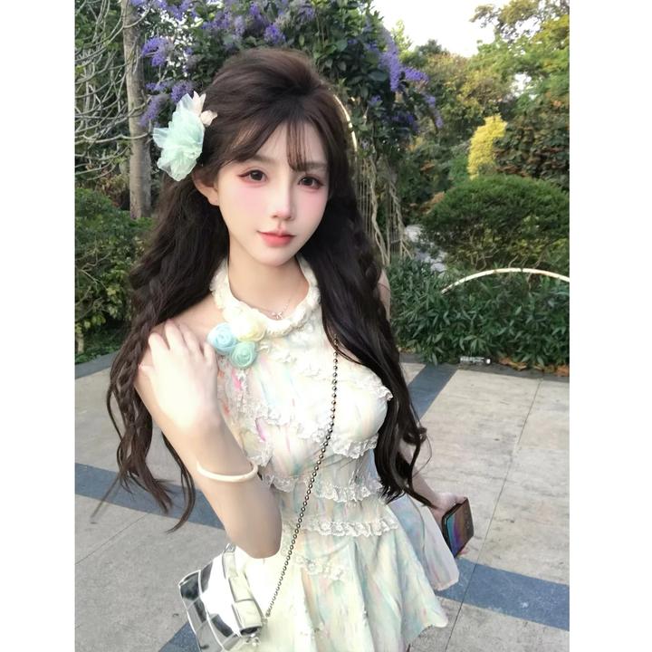 瑞茜·威瑟斯茉莉青绿 夏季甜美显瘦收腰设计感短款连衣裙