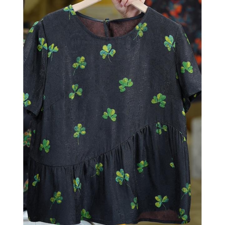 幸运草<<非遗美学>>1350黑色四叶草印花时尚短袖上衣