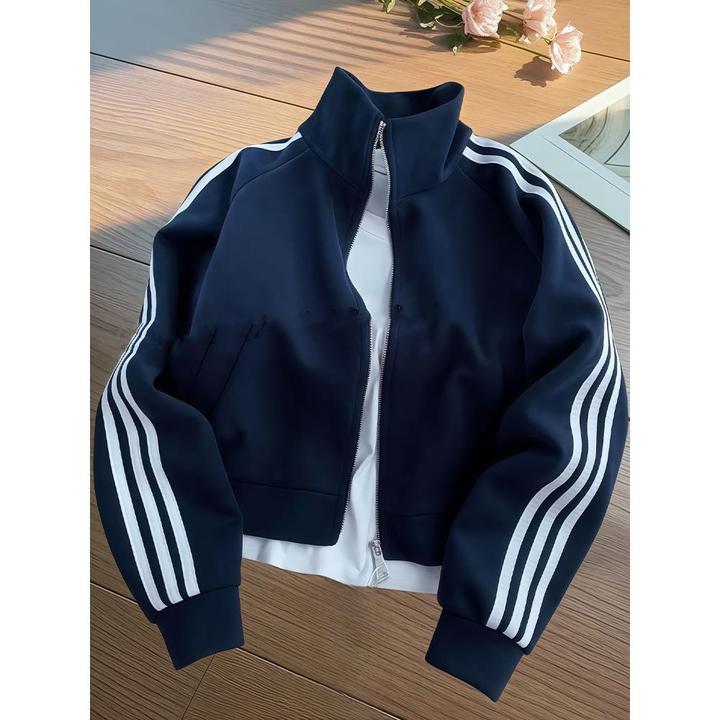 高品质三杠条纹卫衣外套男女短款秋季cleanfit立领棒球服运动夹克